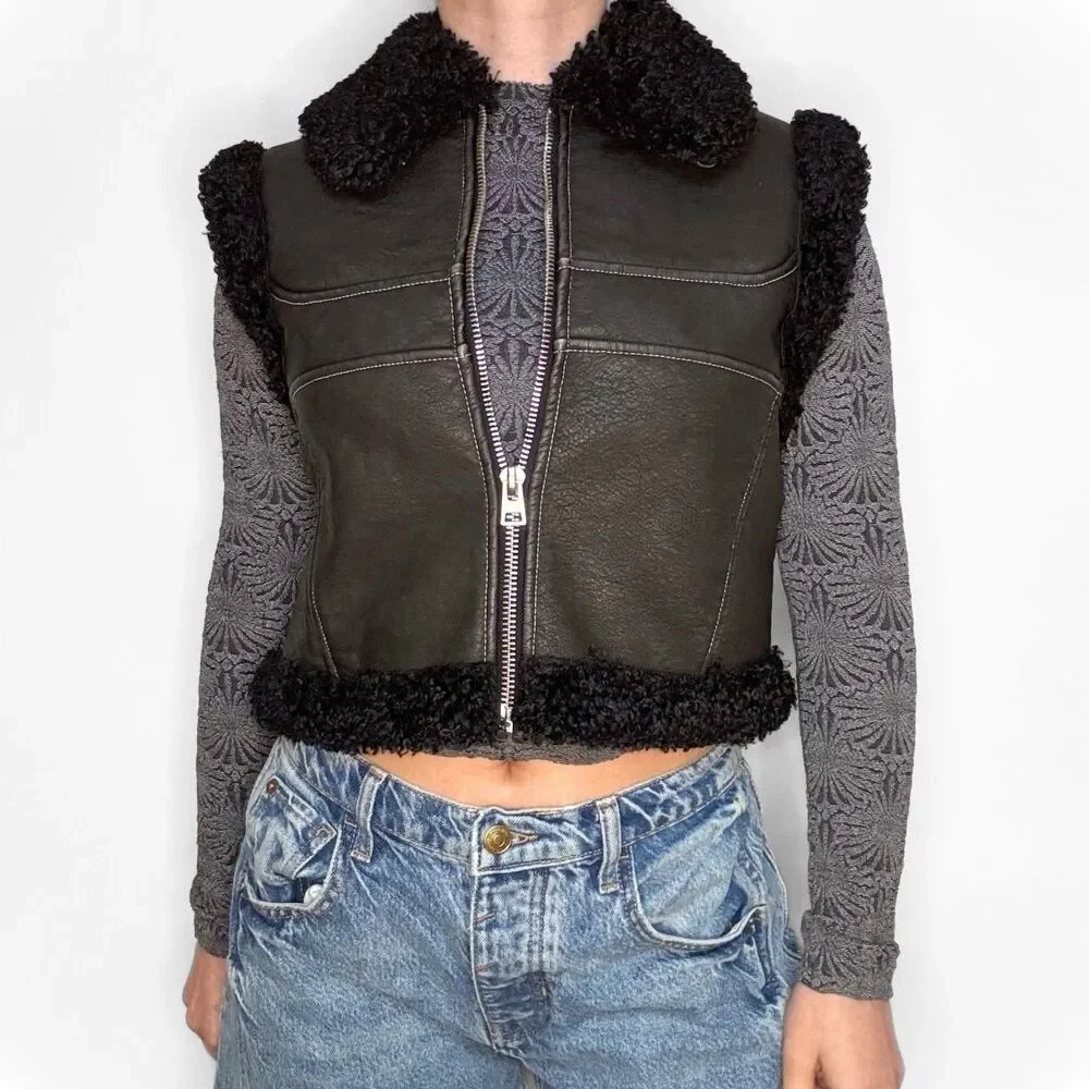 BDG /Urban Outfitters Donald Faux Leather Sherpa Moto Vest NWOT Size S-P Black